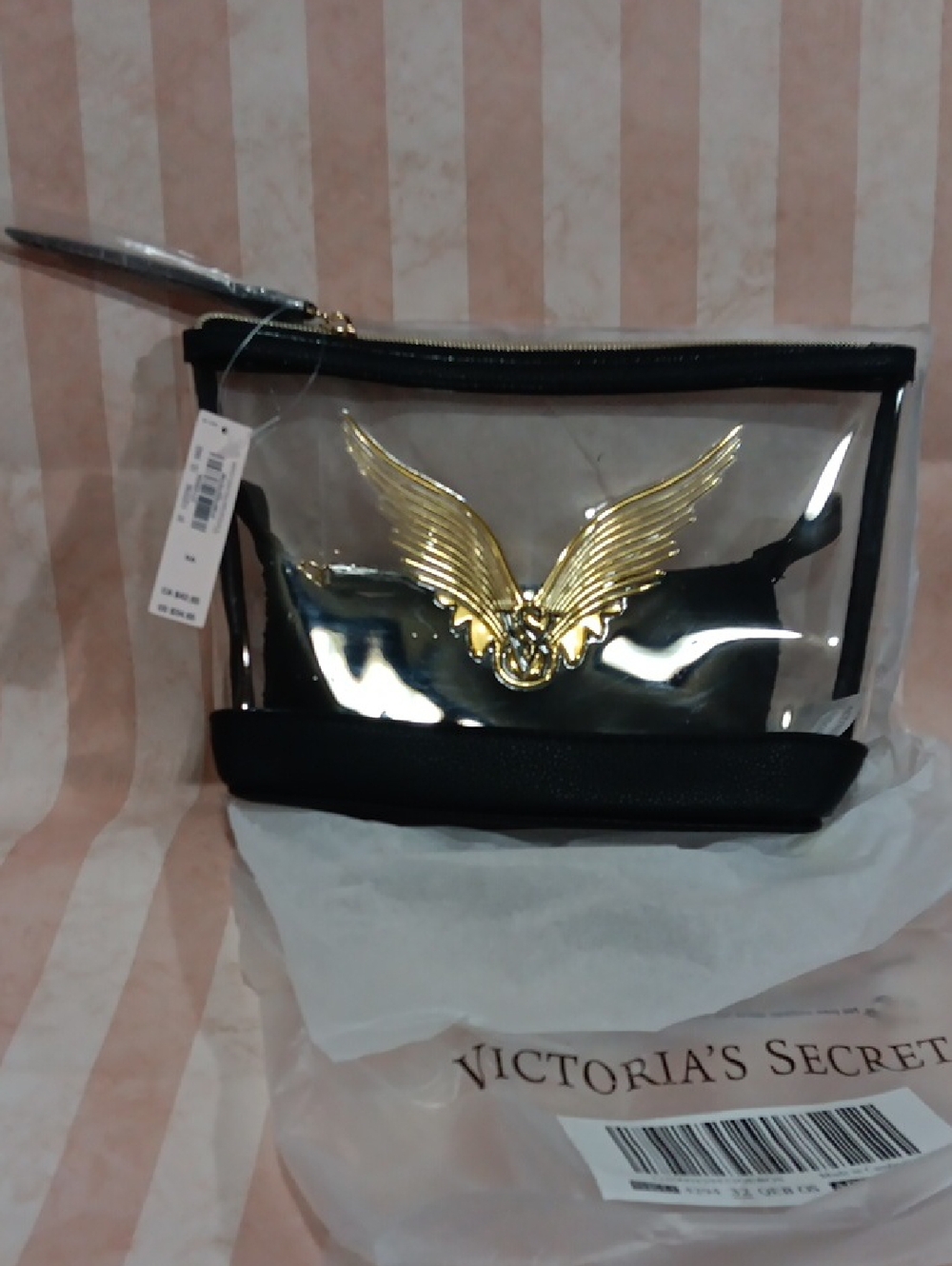NWT Victoria's Secret Clear Cosmetic Bag with Gold Wing Accent and Black Trim